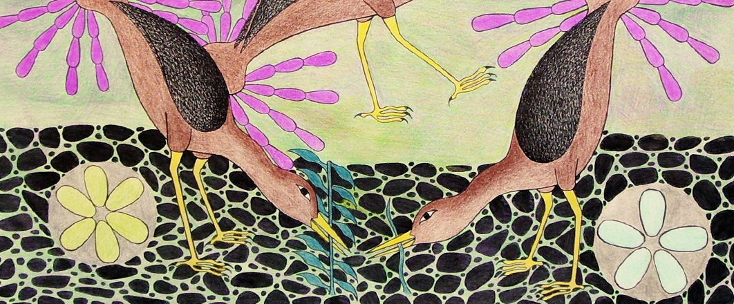 Kenojuak Ashevak, "Three Birds." 1991, Drawing on paper. From the collection of The Dennos Museum. Gift of an anonymous donor. 2009.15.51. Detail.
