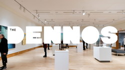 People looking the the galleries with the new Dennos logo in white over top.